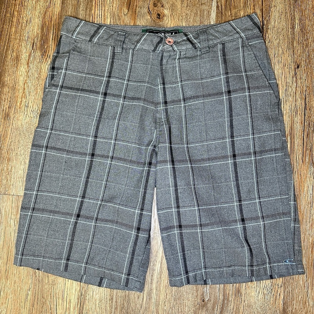 O'Neill Mens 34 Gray Windowpane Plaid Shorts Relaxed Fit Stretch Casual